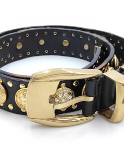 Gianni Versace Medusa crystal studded leather belt coiled showing buckle and medallions