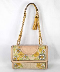 Tory Burch Limited Edition Printed Straw Fleming Convertible Shoulder Bag