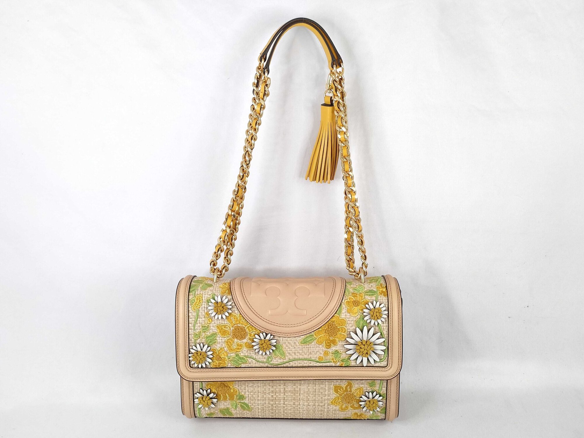 Tory Burch Limited Edition Printed Straw Fleming Convertible Shoulder Bag