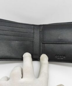 Coach Charcoal Black Signature Canvas Compact Bifold Wallet with Coin Pocket - Image 7