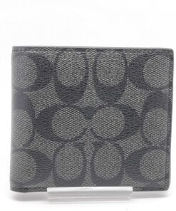 Coach Charcoal Black Signature Canvas Compact Bifold Wallet with Coin Pocket