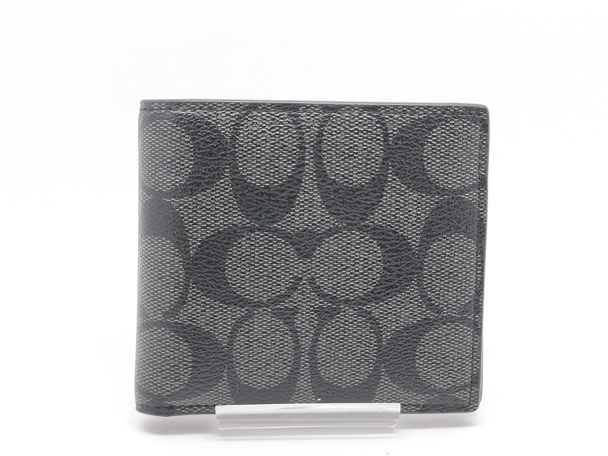 Coach Charcoal Black Signature Canvas Compact Bifold Wallet with Coin Pocket