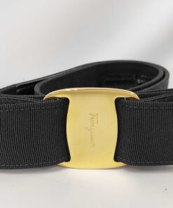 Salvatore Ferragamo Black Vara Grosgrain Ribbon Gold Plated Logo Buckle Belt