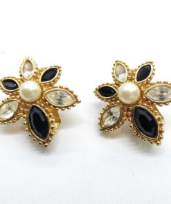 Vintage Christian Dior Gold Plated Pearl Onyx Crystal Flower Clip-On Earrings