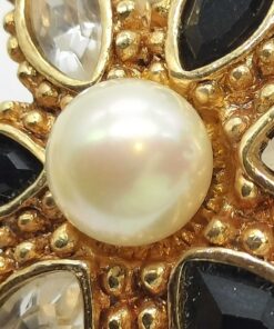 Alternative view of Vintage Christian Dior Gold Plated Pearl Onyx Crystal Flower Clip-On Earrings