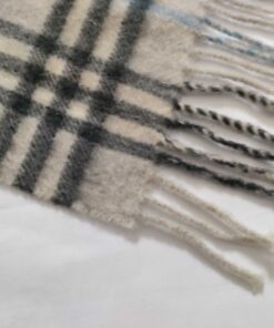 Burberry London Cream & Light Blue Plaid 100% Cashmere Fringe Scarf - Image 5
