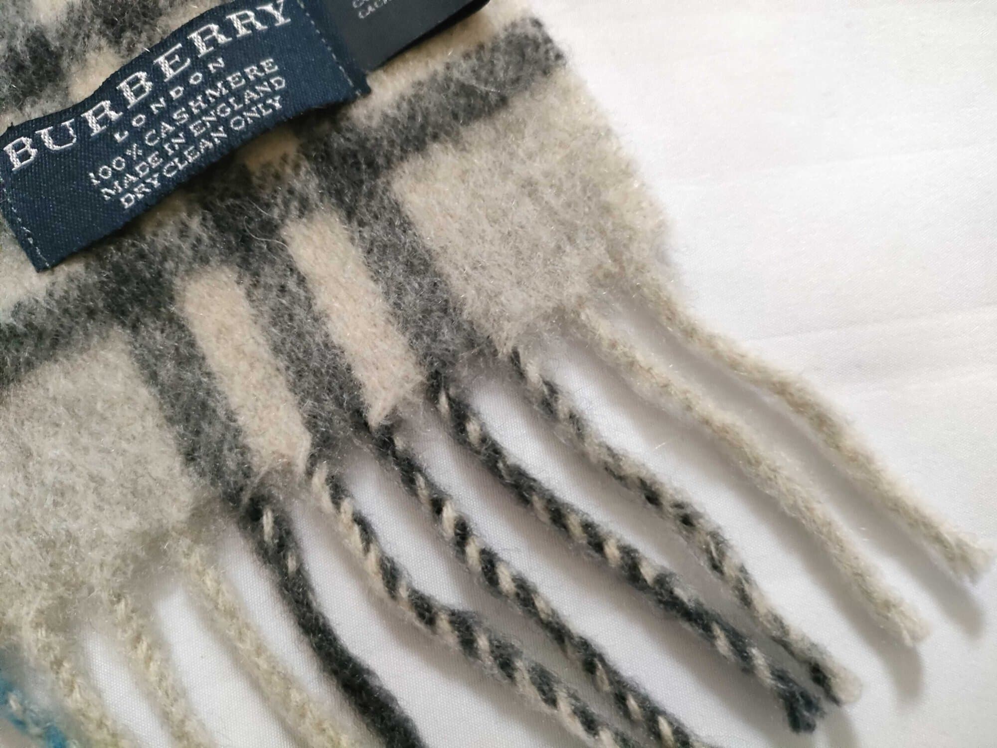 Burberry London Cream & Light Blue Plaid 100% Cashmere Fringe Scarf - Image 7