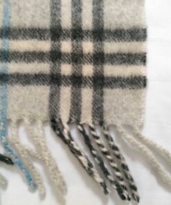 Burberry London Cream & Light Blue Plaid 100% Cashmere Fringe Scarf - Image 4