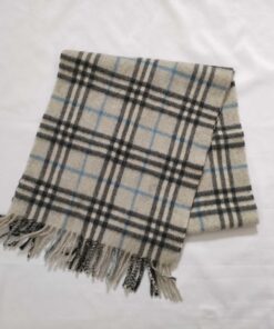Burberry London Cream & Light Blue Plaid 100% Cashmere Fringe Scarf