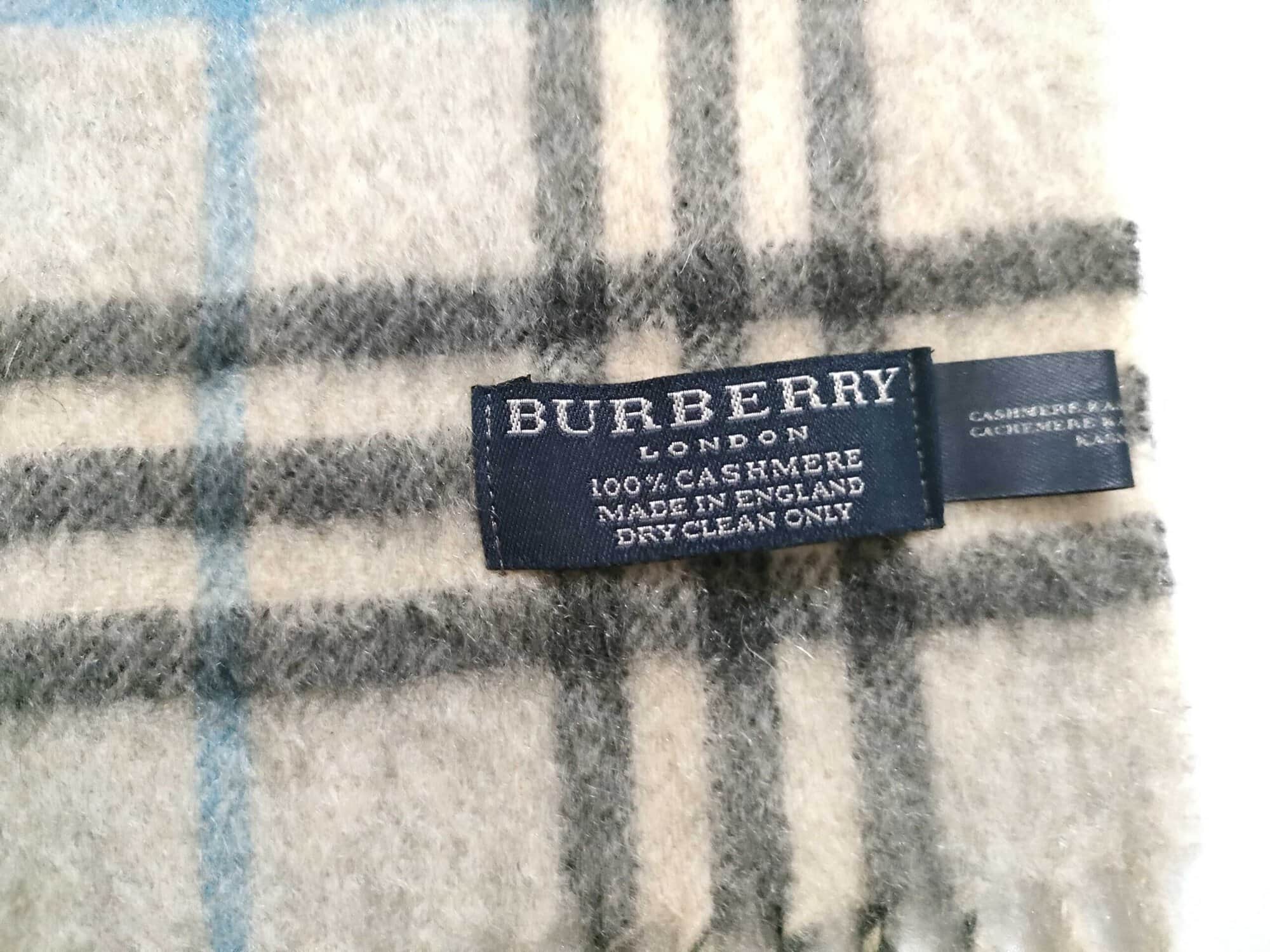 Burberry London Cream & Light Blue Plaid 100% Cashmere Fringe Scarf - Image 6