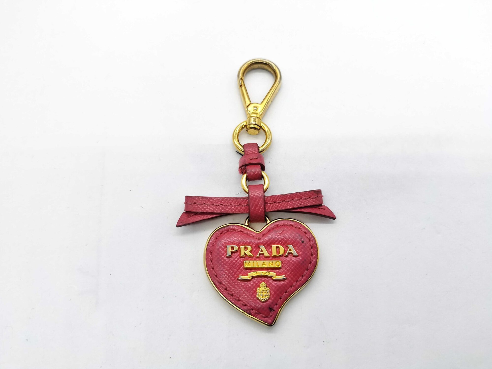 Prada Peonia Pink Saffiano Leather Heart Bow Keychain Bag Charm