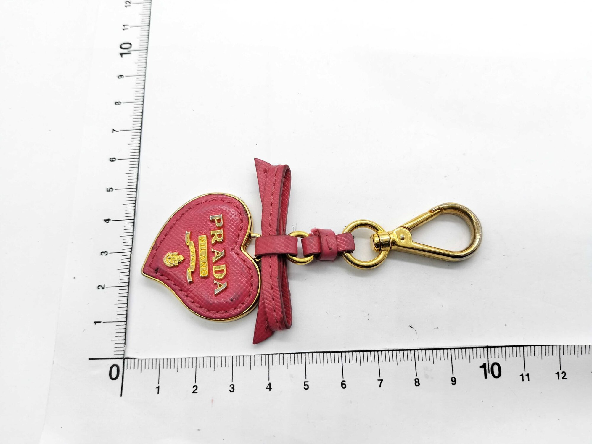 Prada Peonia Pink Saffiano Leather Heart Bow Keychain Bag Charm - Image 8