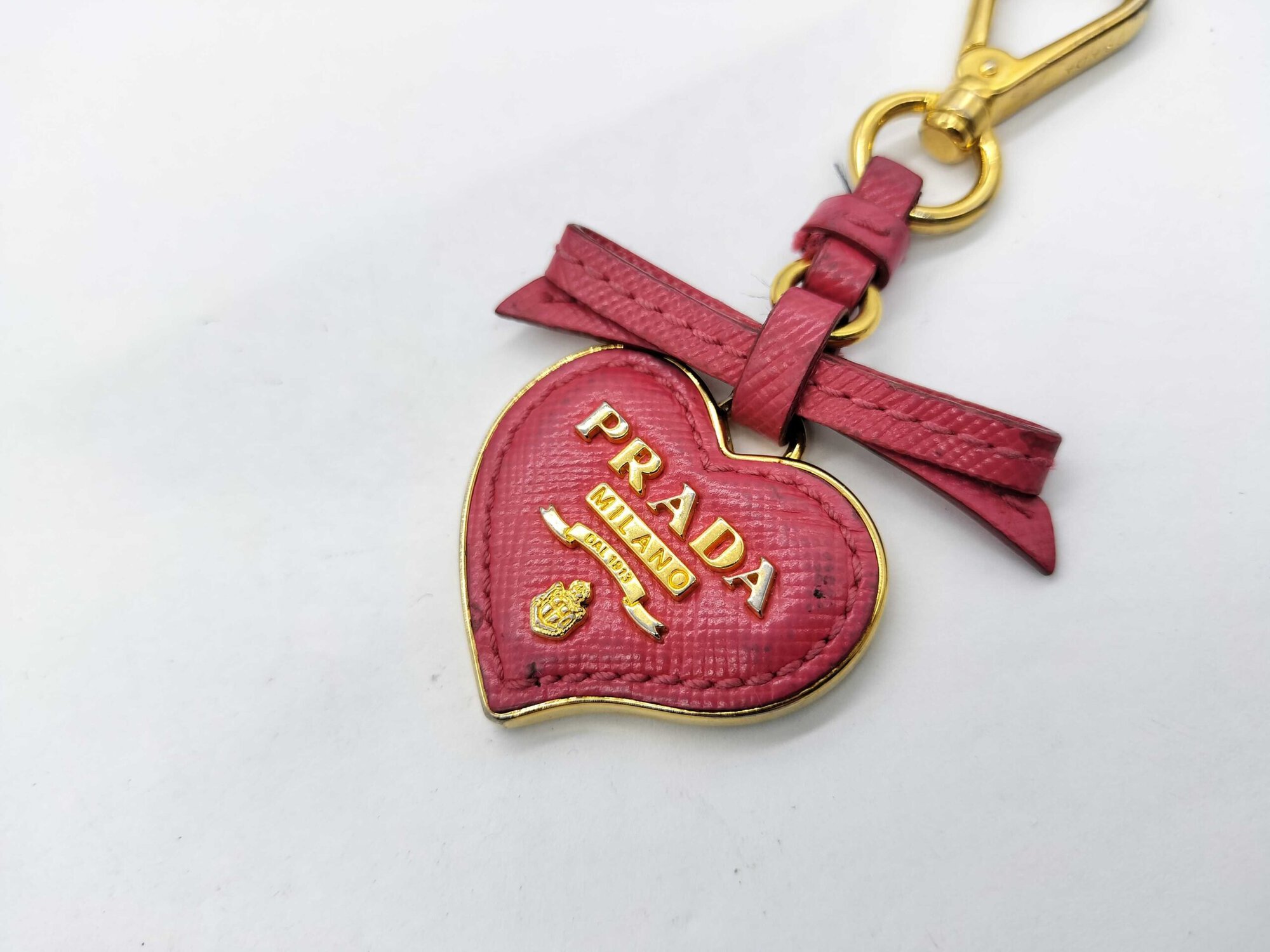 Prada Peonia Pink Saffiano Leather Heart Bow Keychain Bag Charm - Image 4