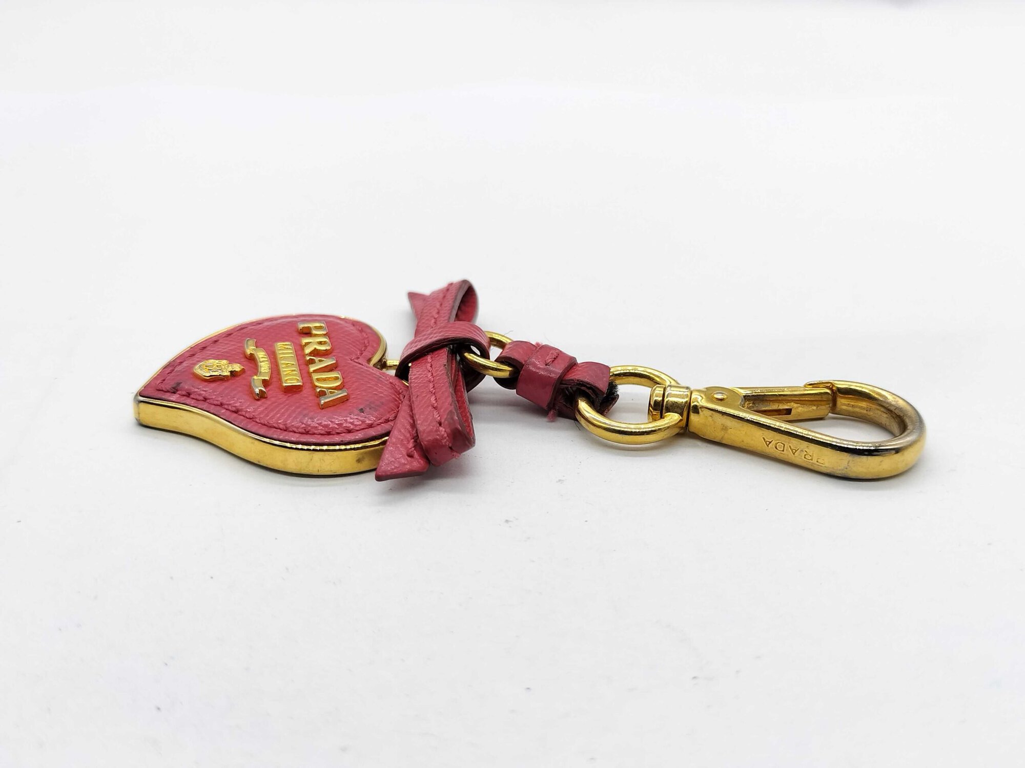 Prada Peonia Pink Saffiano Leather Heart Bow Keychain Bag Charm - Image 2