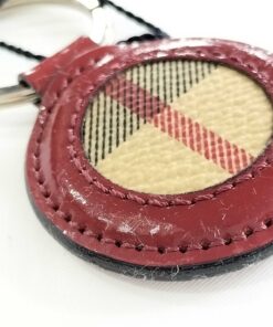 Burberry Burgundy Patent Leather & House Check Round Bag Charm Keychain - Image 7
