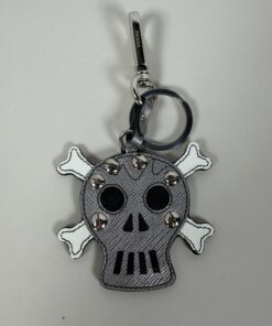 Prada Saffiano Leather Skull Crossbones Bag Charm Keychain Metallic Silver Studded