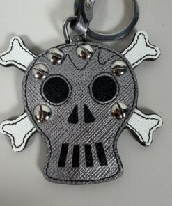 Prada Saffiano Leather Skull Crossbones Bag Charm Keychain Metallic Silver Studded