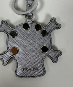 Prada Saffiano Leather Skull Crossbones Bag Charm Keychain Metallic Silver Studded - Image 4
