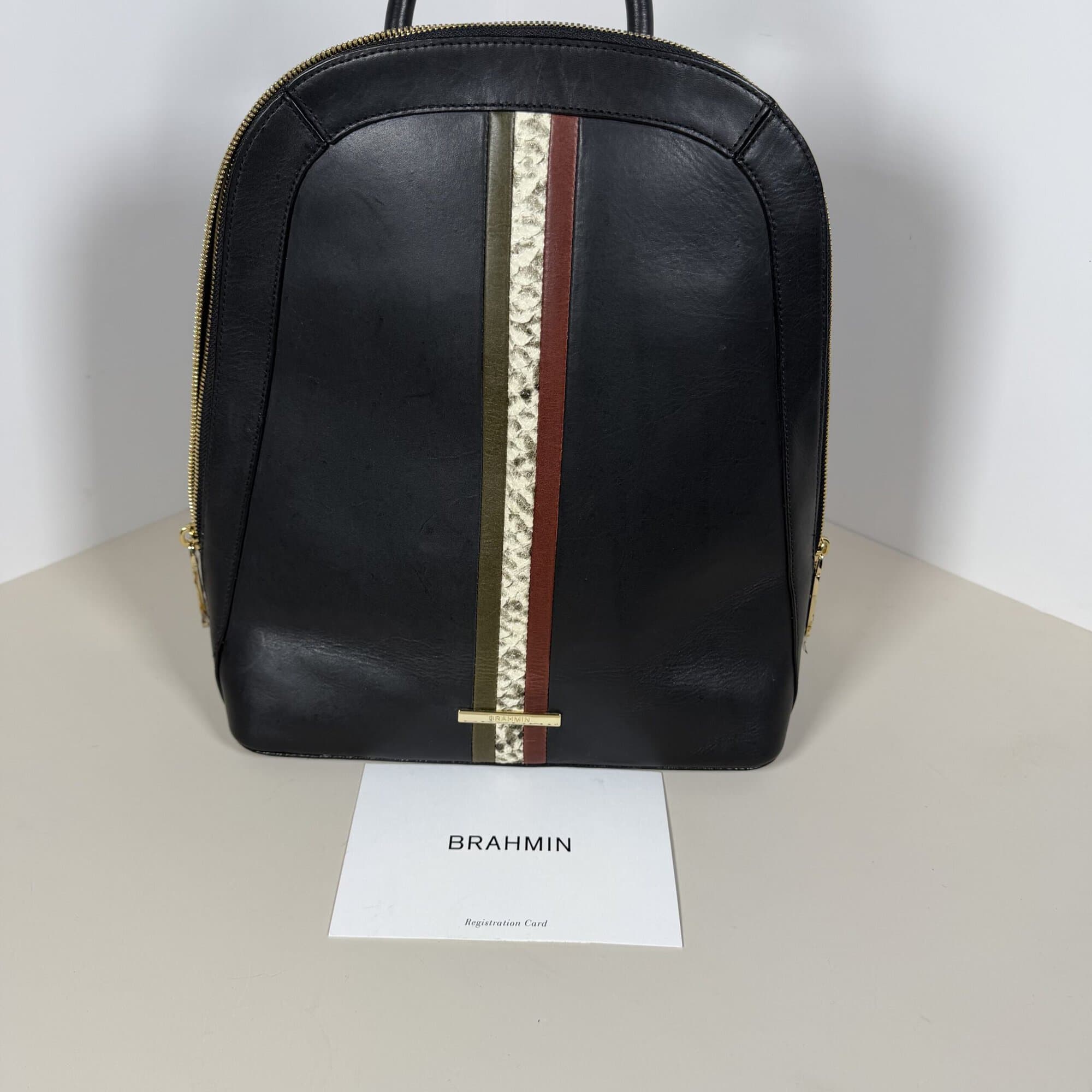 Brahmin Black Smooth Leather Dartmouth Stripe Hybrid Backpack