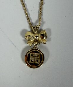 Vintage Givenchy Gold Tone Bow & 4G Logo Circle Pendant Necklace