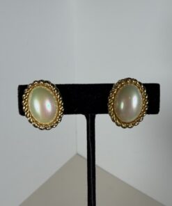 Vintage Christian Dior Gold Plated Oval Iridescent Pearl Rope Border Clip-On Earrings