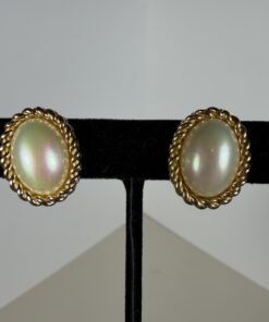 Vintage Christian Dior Gold Plated Oval Iridescent Pearl Rope Border Clip-On Earrings
