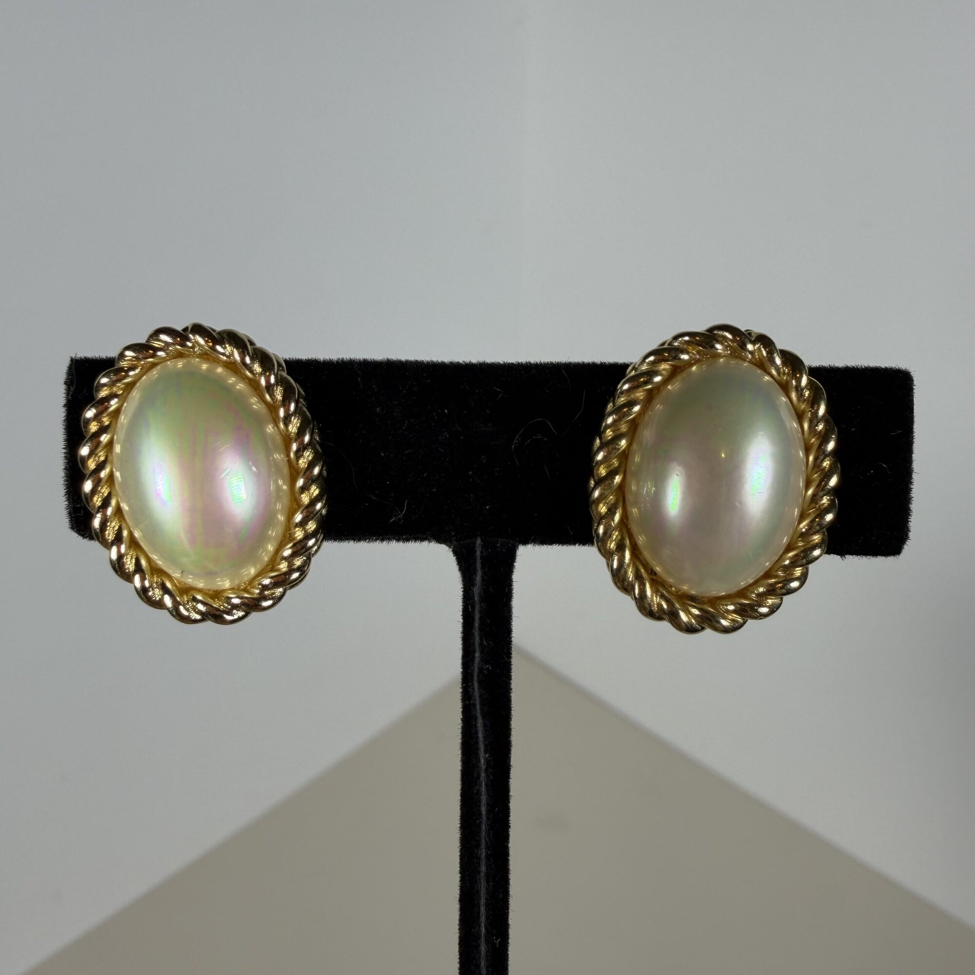 Vintage Christian Dior Gold Plated Oval Iridescent Pearl Rope Border Clip-On Earrings