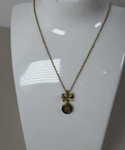 Vintage Givenchy Gold Tone Bow & 4G Logo Circle Pendant Necklace