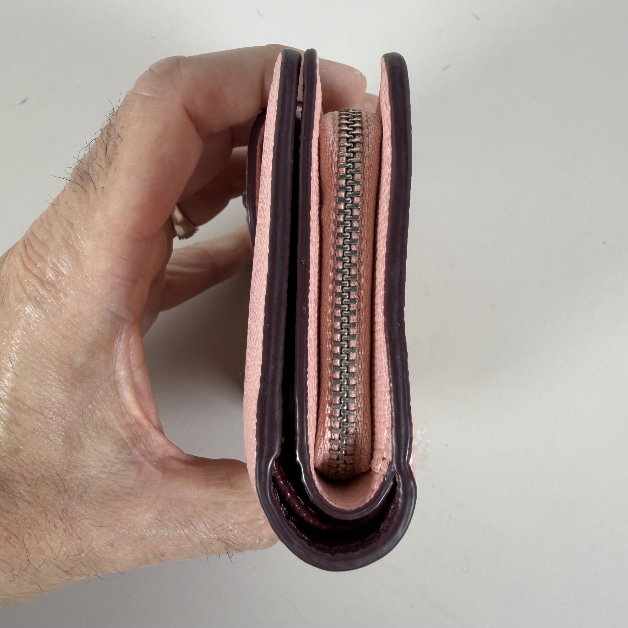 Coach Light Pink & Burgundy Crossgrain Leather Medium Corner Zip Wallet