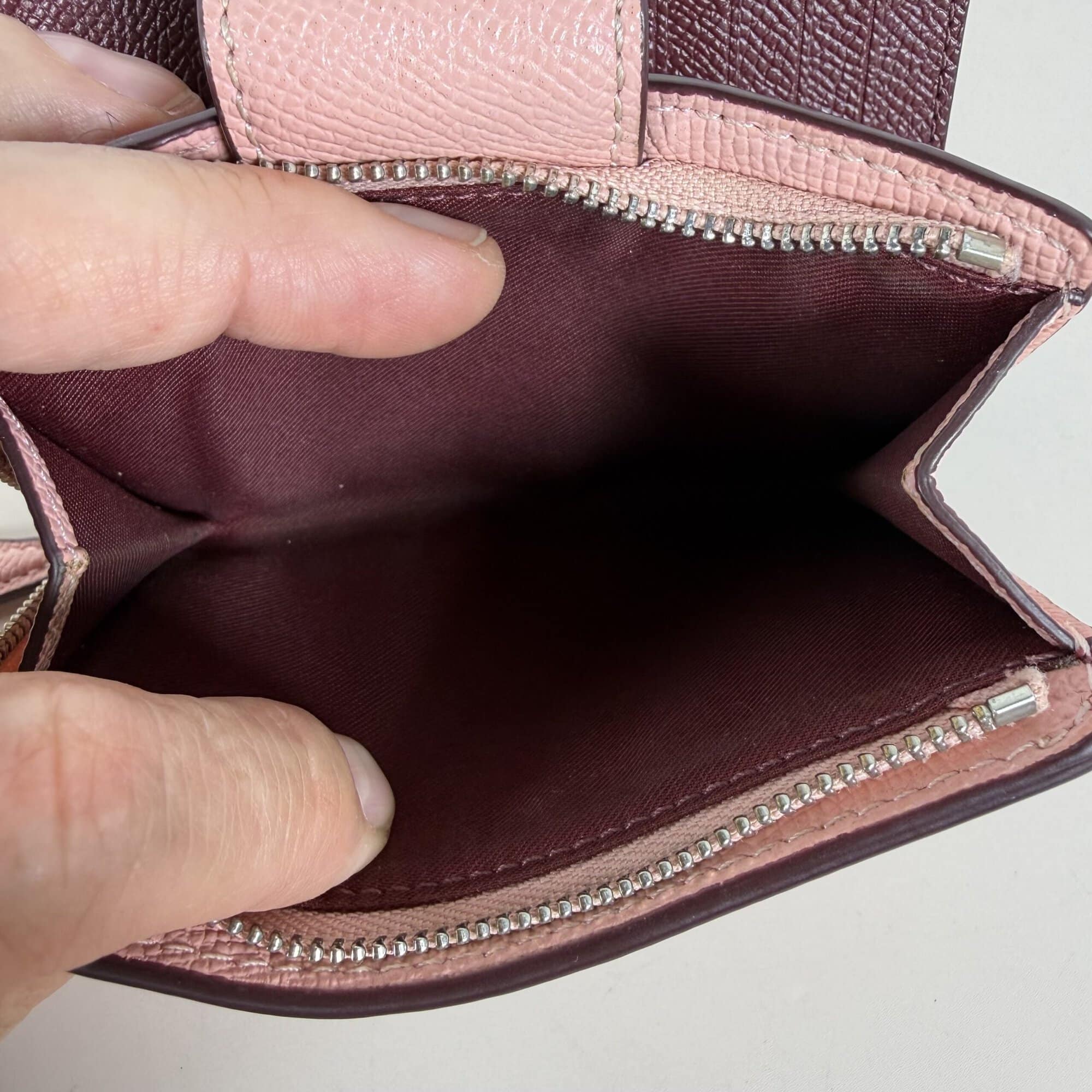 Coach Light Pink & Burgundy Crossgrain Leather Medium Corner Zip Wallet