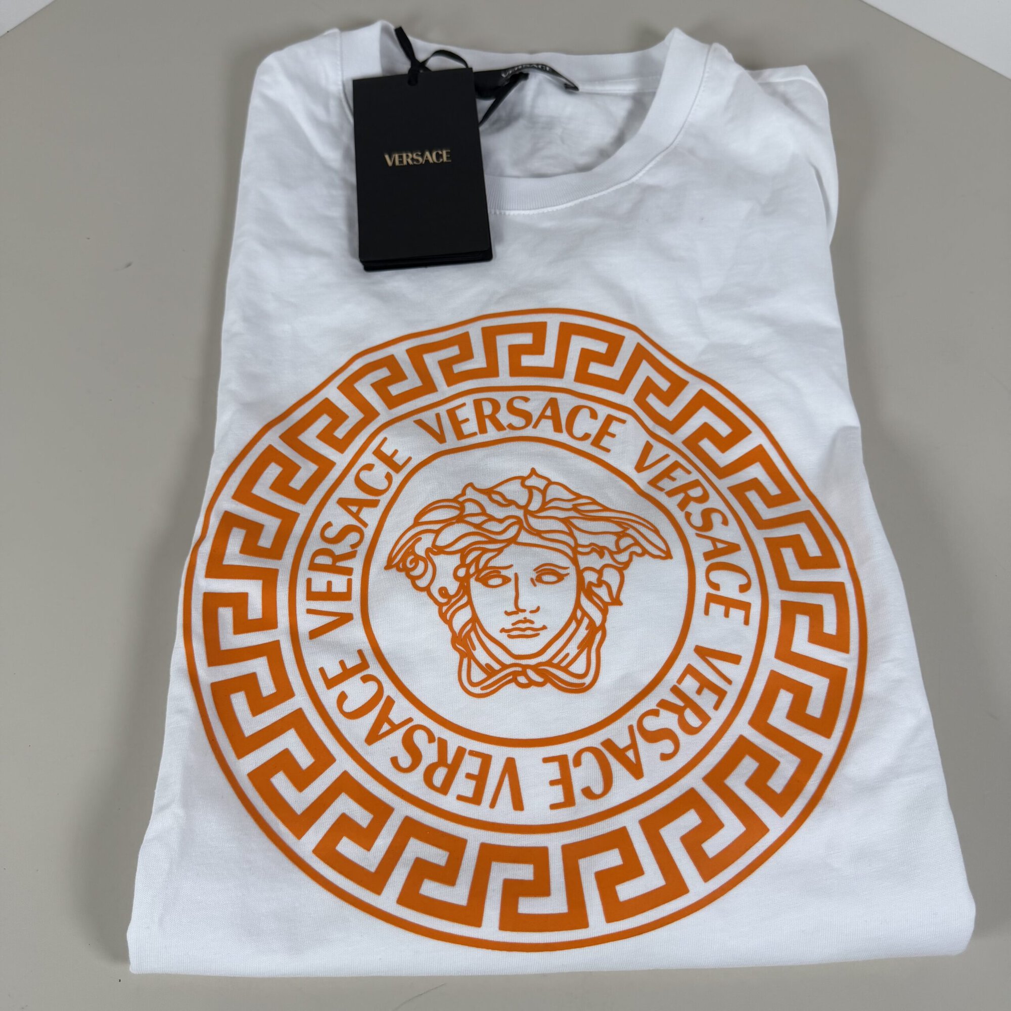Versace NWT White & Orange Medusa Greca Circular Logo T-Shirt size XL mens image 9