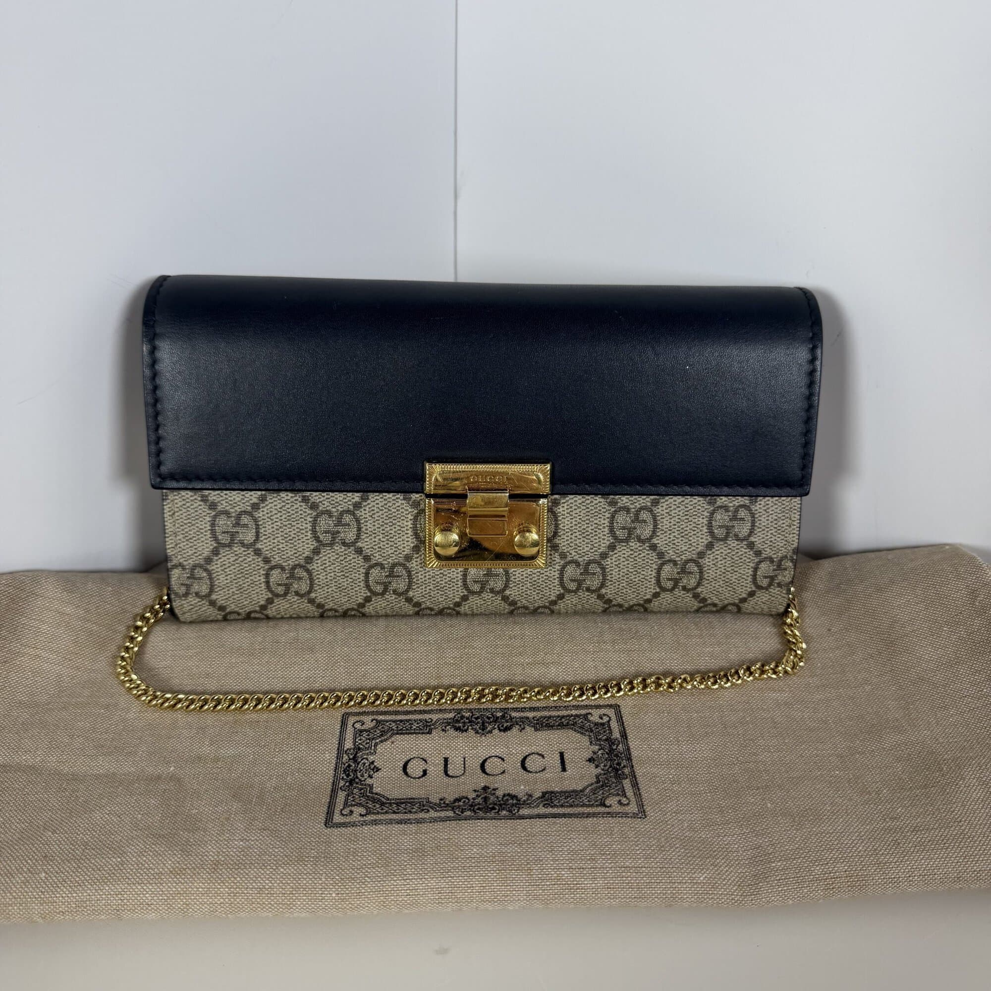 Gucci Small GG Supreme Padlock Continental Wallet on Chain