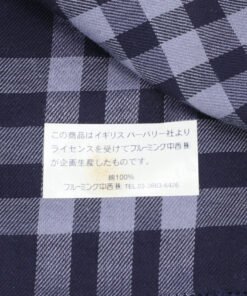 Japanese manufacturer label on check cotton handkerchief stating 100 percent cotton.