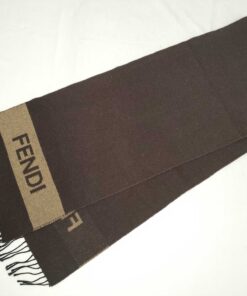 Fendi Dark Brown & Tan Wool Block Logo Stripe Fringed Scarf, additional view 4