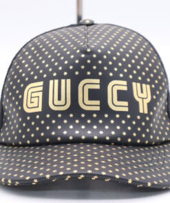 Gucci Black Lambskin GUCCY Star Print Mesh Trucker Baseball Cap