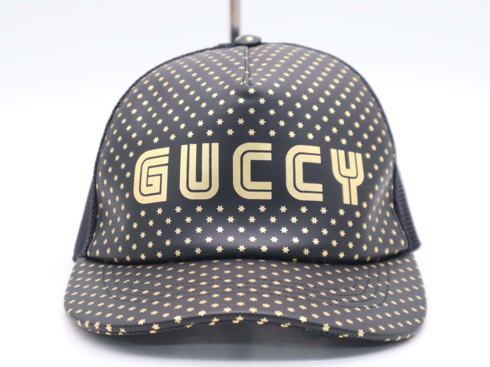 Gucci Black Lambskin GUCCY Star Print Mesh Trucker Baseball Cap