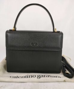 Valentino Garavani Black Textured Leather V-Logo Flap Top Handle Shoulder Bag