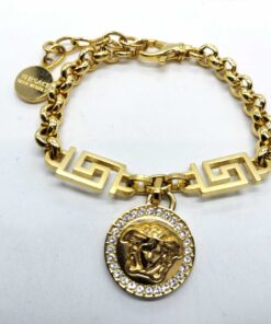 Versace Gold-Tone Greca Key Pavé Crystal Medusa Head Pendant Charm Bracelet