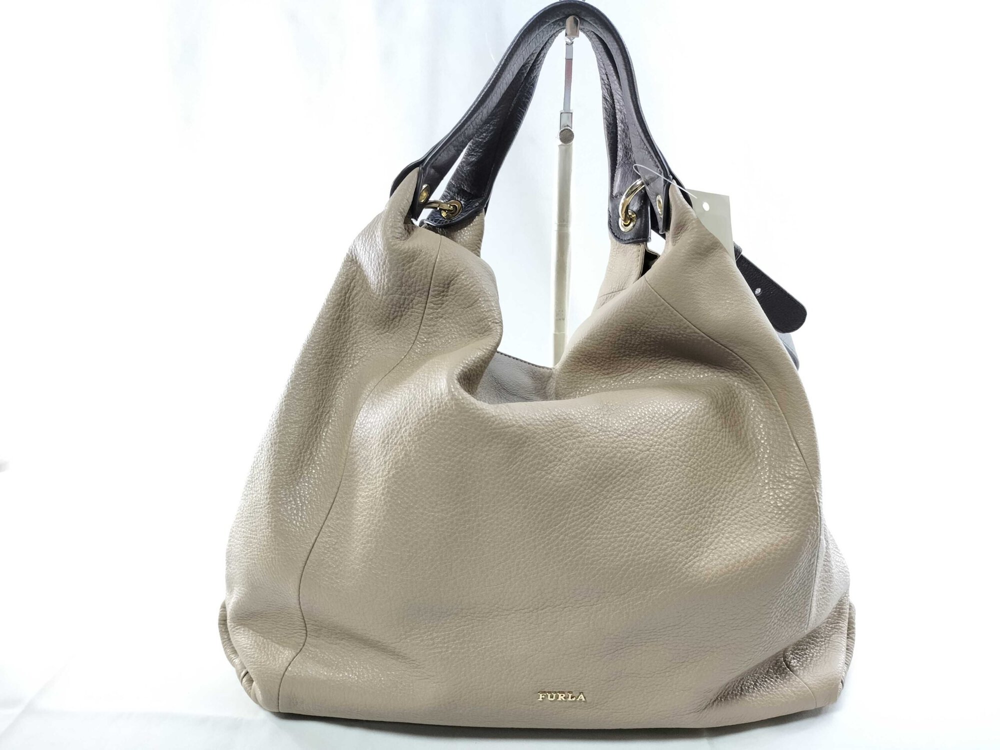 Furla Taupe & Dark Brown Pebbled Leather Slouchy Hobo Shoulder Bag