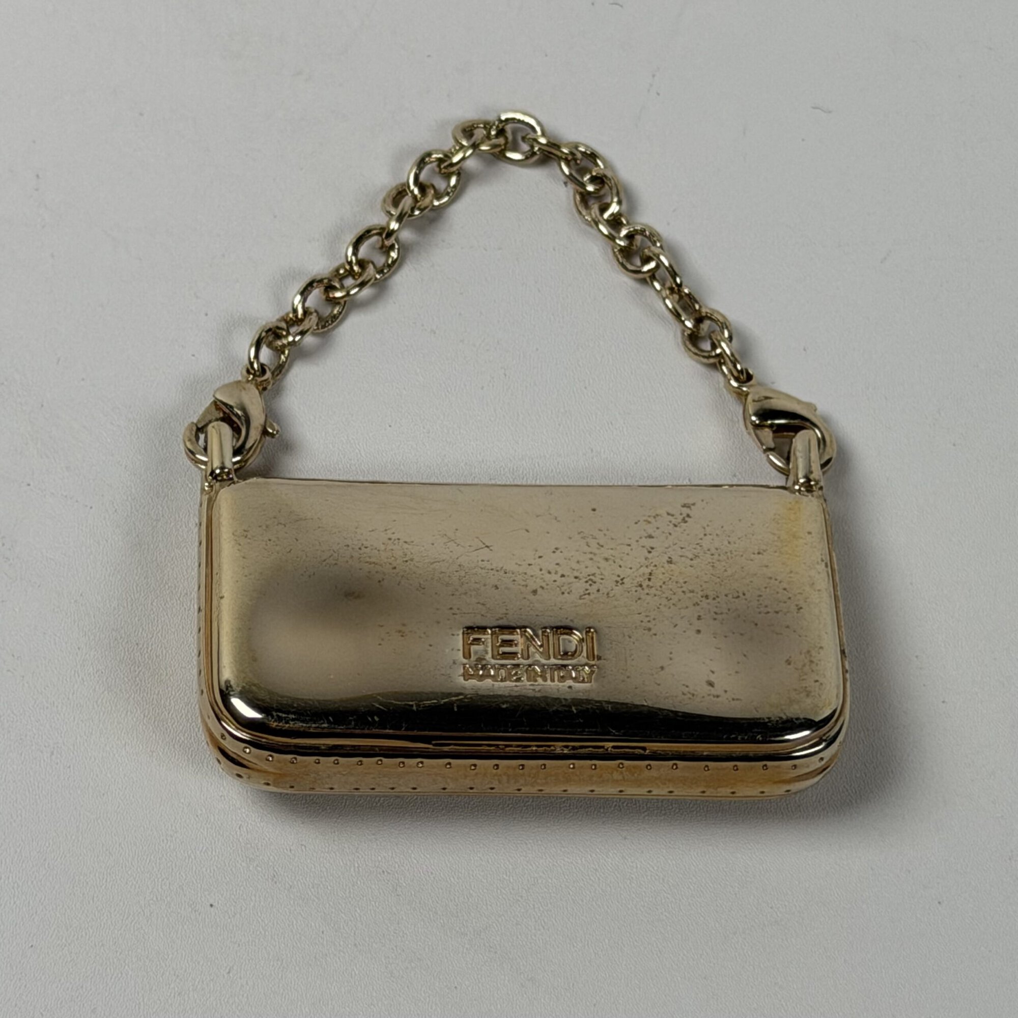 Fendi Gold-Tone Solid Metal Miniature Baguette Vanity Mirror Compact Charm Keychain - Image 2