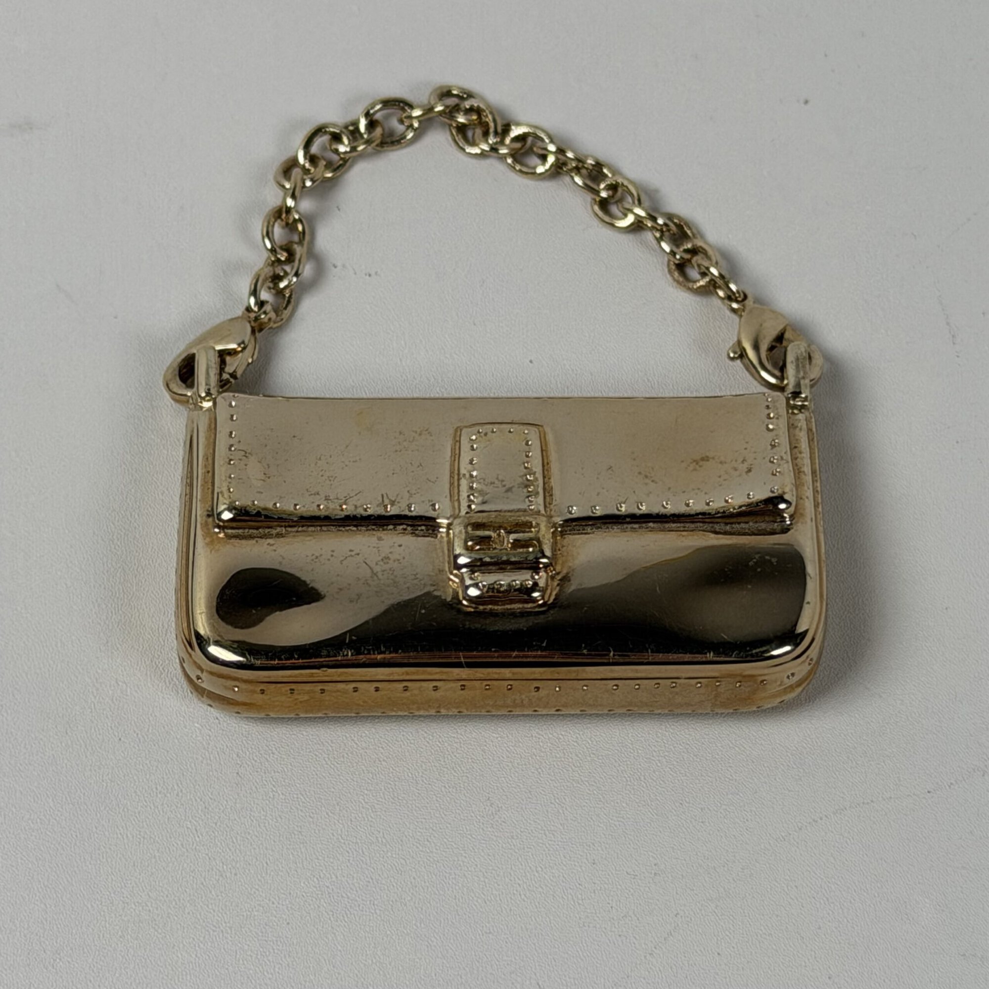 Fendi Gold-Tone Solid Metal Miniature Baguette Vanity Mirror Compact Charm Keychain