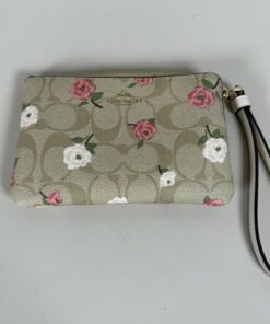 Coach Light Khaki Signature Canvas Prairie Rose Print Corner Zip Wristlet