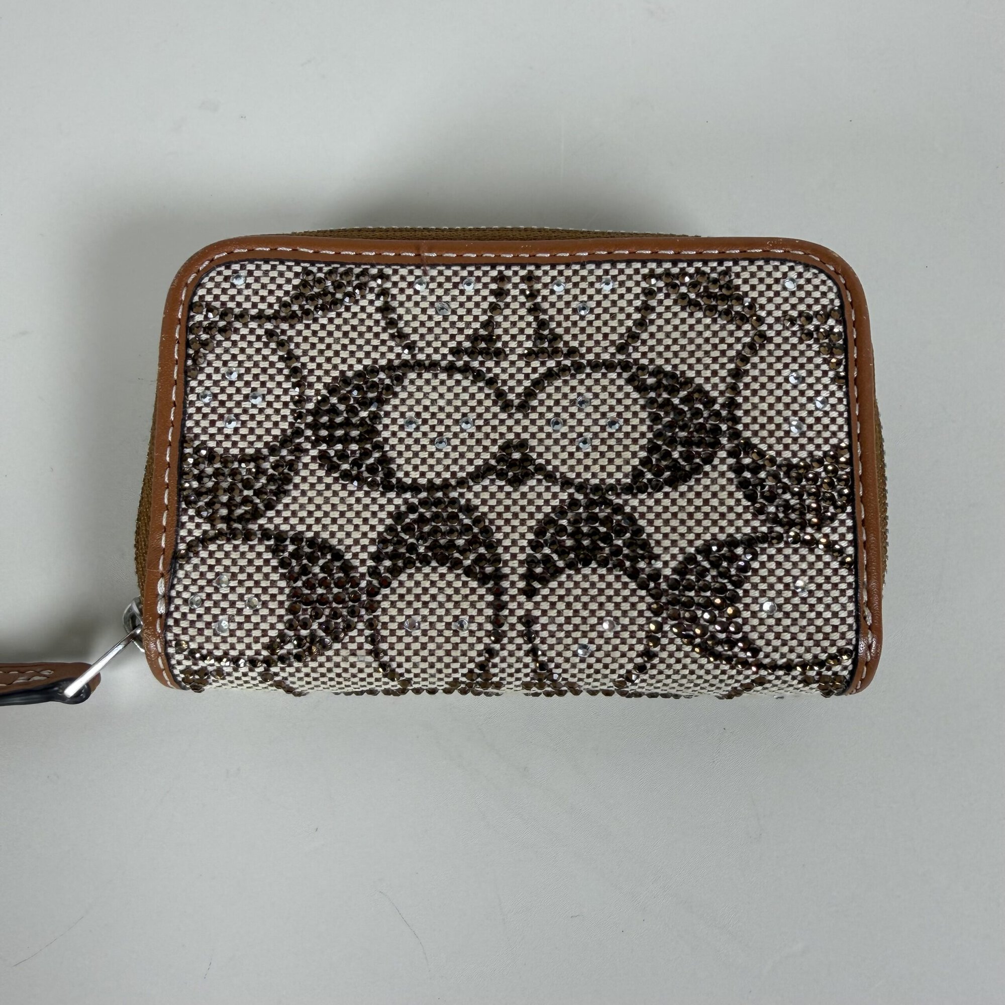 Coach Brass/Mushroom Crystal Signature Jacquard Essential Small Zip Around Card Case Wallet