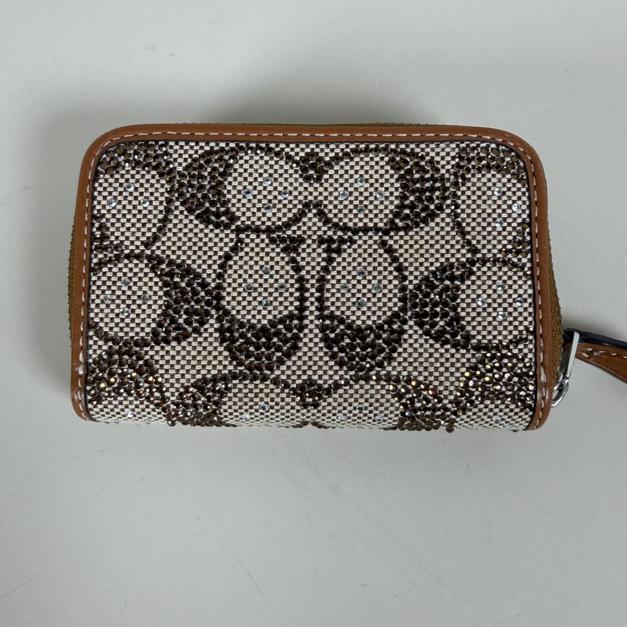 Coach Brass/Mushroom Crystal Signature Jacquard Essential Small Zip Around Card Case Wallet