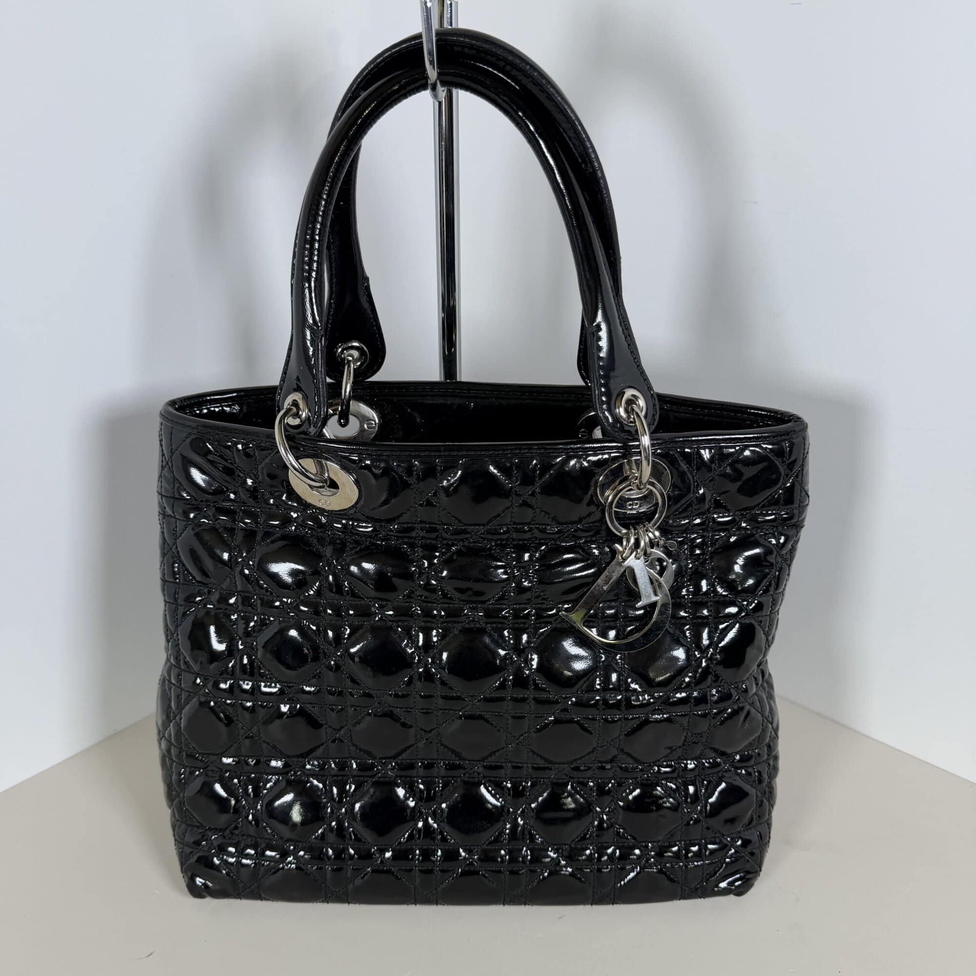 Dior Black Ultratglossy Patent Calfskin Cannage Medium Lady Dior Bag