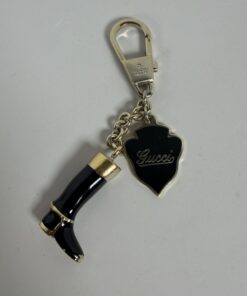 Vintage Gucci Gold-Tone Black Enamel Equestrian Riding Boot & Crest Shield Bag Charm Keychain
