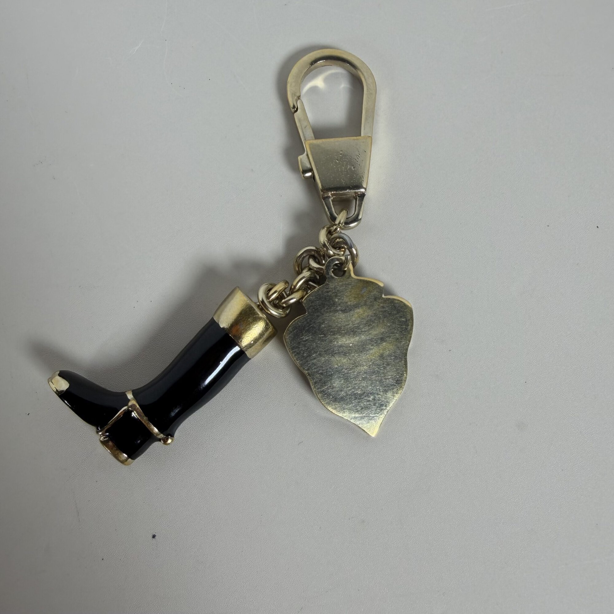 Vintage Gucci Gold-Tone Black Enamel Equestrian Riding Boot & Crest Shield Bag Charm Keychain