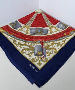 Authentic Celine Paris Navy Red Silk Scarf Military Crest Motif