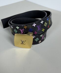 Angled view of coiled black Monogram Multicolore belt featuring the polished gold-tone buckle.