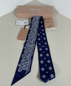 Miu Miu Bandana Print Poplin Skinny Scarf Blue White NWT